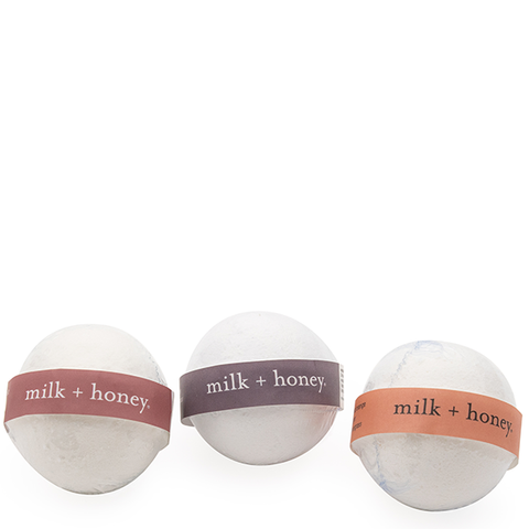 milk + honey bath bomb trio