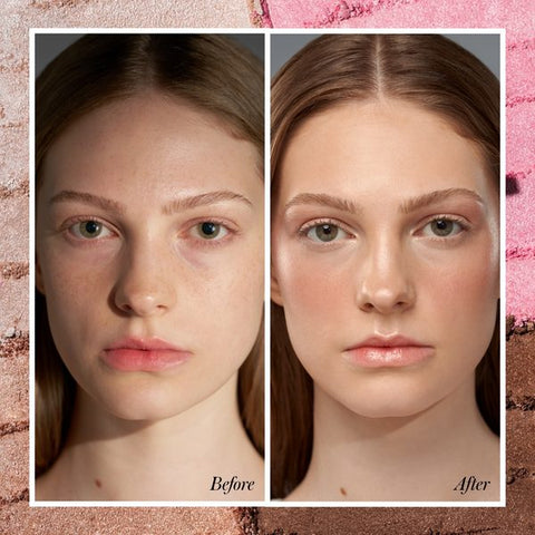 Before and after applying RMS Beauty ReDimension Daily Glow Palette, look 1