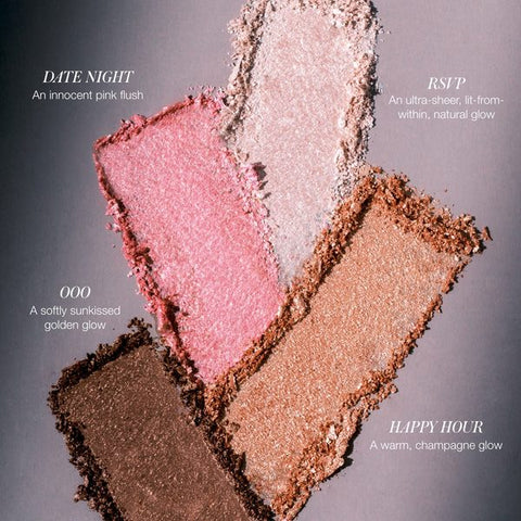 Labeled color swatches for RMS Beauty ReDimension Daily Glow Palette: RSVP, Date Night, Happy Hour, and OOO