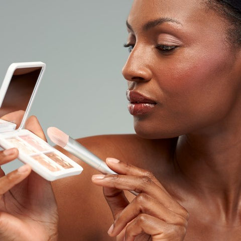 Model wearing RMS Beauty ReDimension Daily Glow Palette, look 1