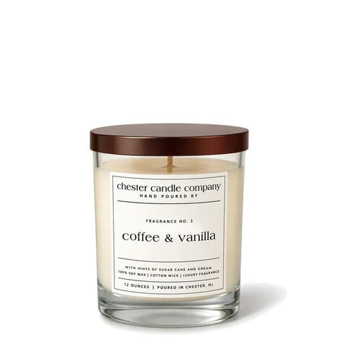 Chester Candle Company No. 3 Coffee & Vanilla soy candle in a glass jar with bronze lid