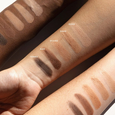 Ere Perez Chamomile Eye Palette Element Matte swatches on light and deep skin tones