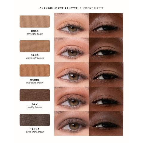 Ere Perez Chamomile Eye Palette Element Matte shade chart: Dusk, Sand, Ochre, Oak, Terra