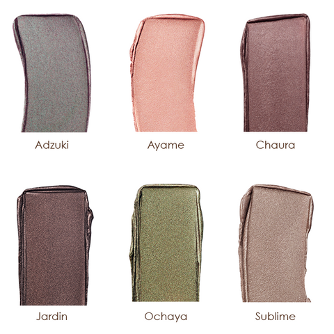 Six swatches of (M)anasi 7 different colors labeled Adzuki, Ayame, Chaura, Jardin, Ochaya, and Sublime on a white background.