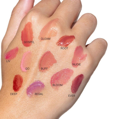 Fitglow Beauty Lip Colour Serum hand swatches: Gospel, Gleam, Root, Liv, Go, Buff, Nudie, Deep, Regal, Bloom, Ever
