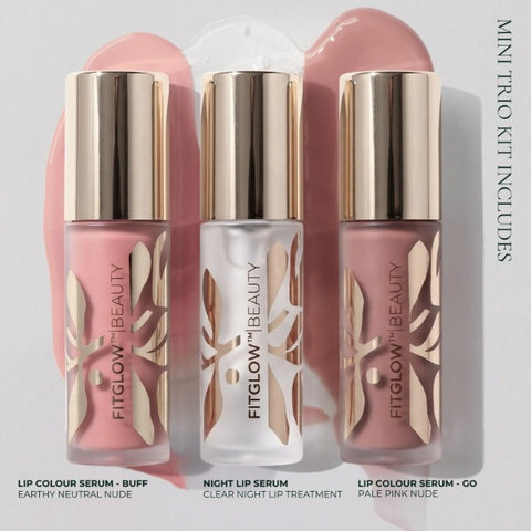 Fitglow Beauty Mini Lip Serum Trio shades: Buff earthy neutral nude, Night clear lip treatment, Go pale pink nude
