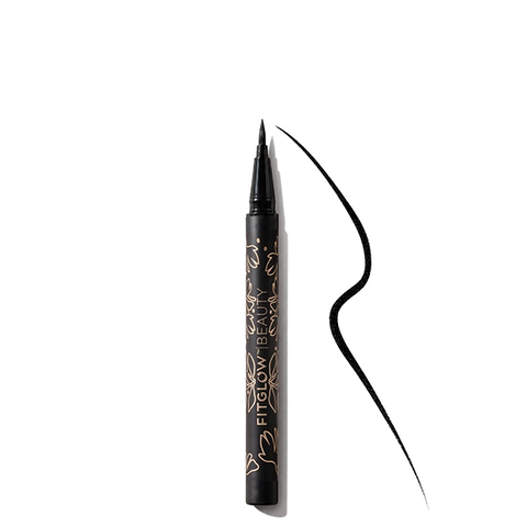 A black dual-tip liquid eyeliner pen with gold floral detailing, shown next to a black swatch of eyeliner on a white background.