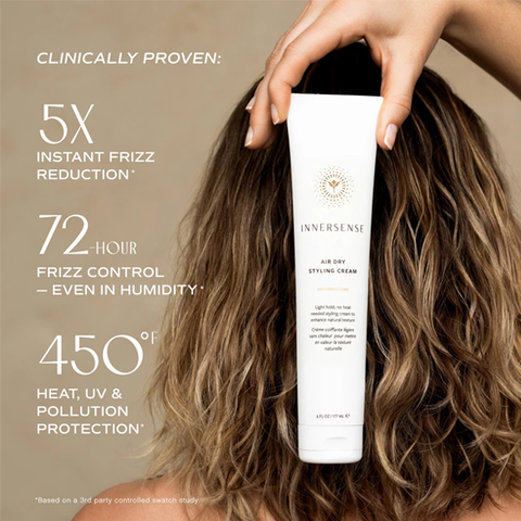 Hand holding a bottle of Innersense hair product with text on frizz reduction and control.