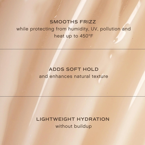 Text describing hair product benefits on a beige background