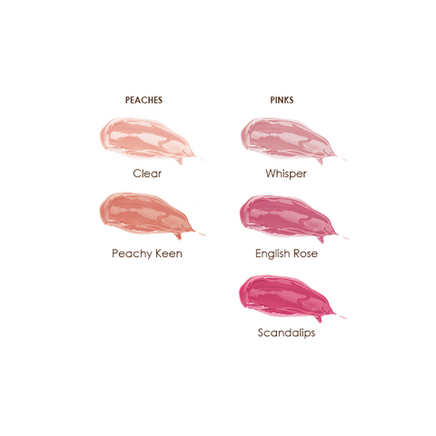 Lily Lolo Natural Lip Gloss swatches in Clear, Peachy Keen, Whisper, English Rose and Scandalips