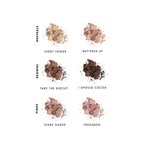 Lily Lolo Pressed Eye Shadow swatches in Ivory Tower, Buttered Up, Take the Biscuit, I Should Cocoa, Stark Naked and Peekaboo