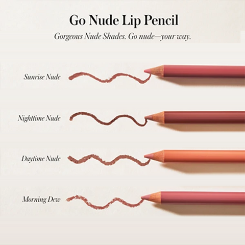 RMS Beauty Go Nude Lip Pencil shade guide: Sunrise Nude, Nighttime Nude, Daytime Nude, Morning Dew